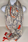 Paisley print tassel scarf in neutral, grey and orange