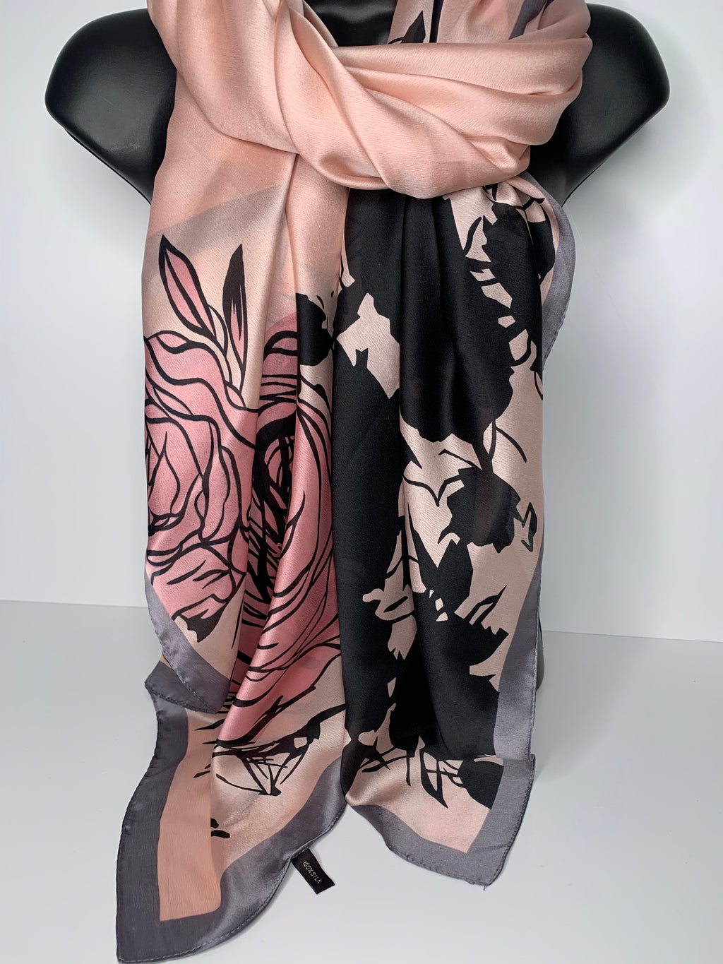 100% silk luxurious rose print scarf in shades of black, pink and grey