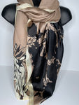 100% silk luxurious rose print scarf in shades of black, cream and champagne