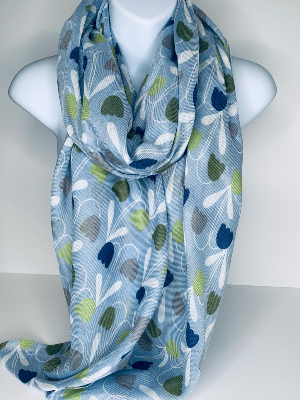 Orla Kiely inspired print scarf in shades of baby blue, green and white