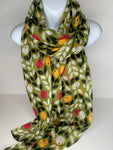Orla Kiely inspired print scarf in shades of olive, yellow and neutral