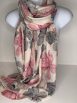 Neutral background, botanical print scarf in pink and grey