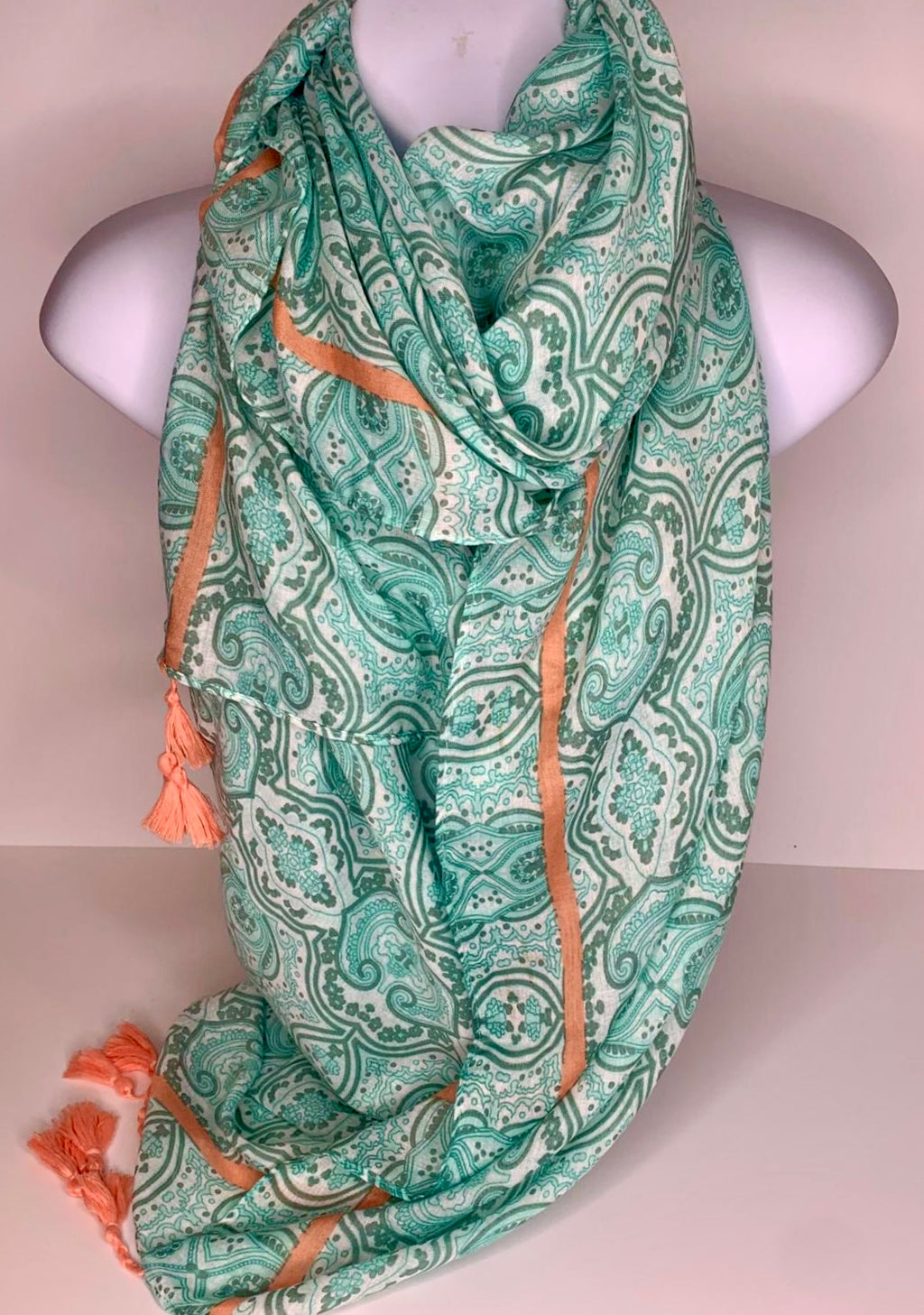 Paisley print tassel scarf in mint and peach