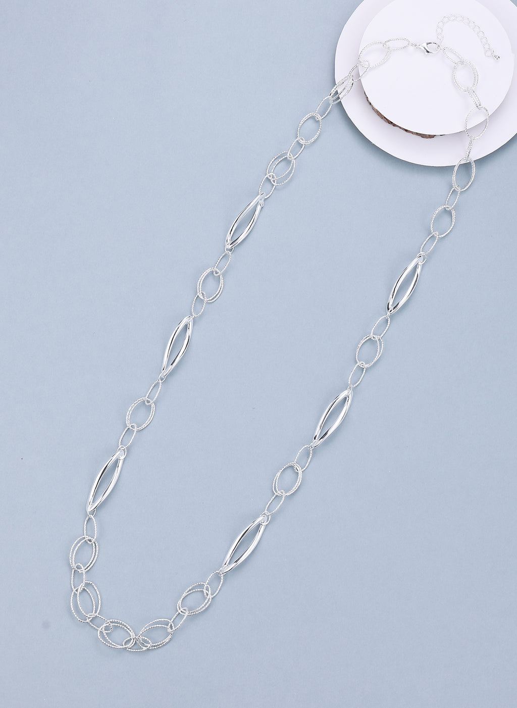 Long necklace, with silver interlinked circles - on a silver chain