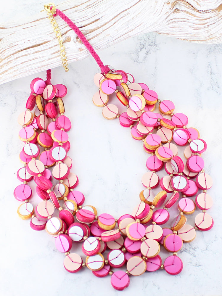 Short necklace, with wooden & sequin hot pink, cream and white stations - on a pink-twist chain