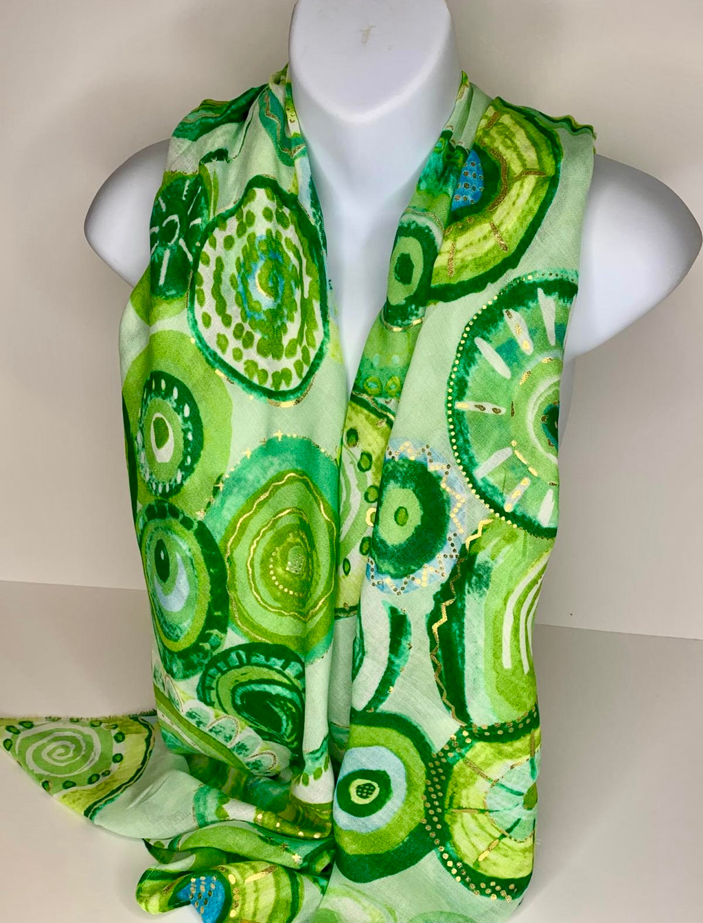 Green, blue and gold foil circle print scarf