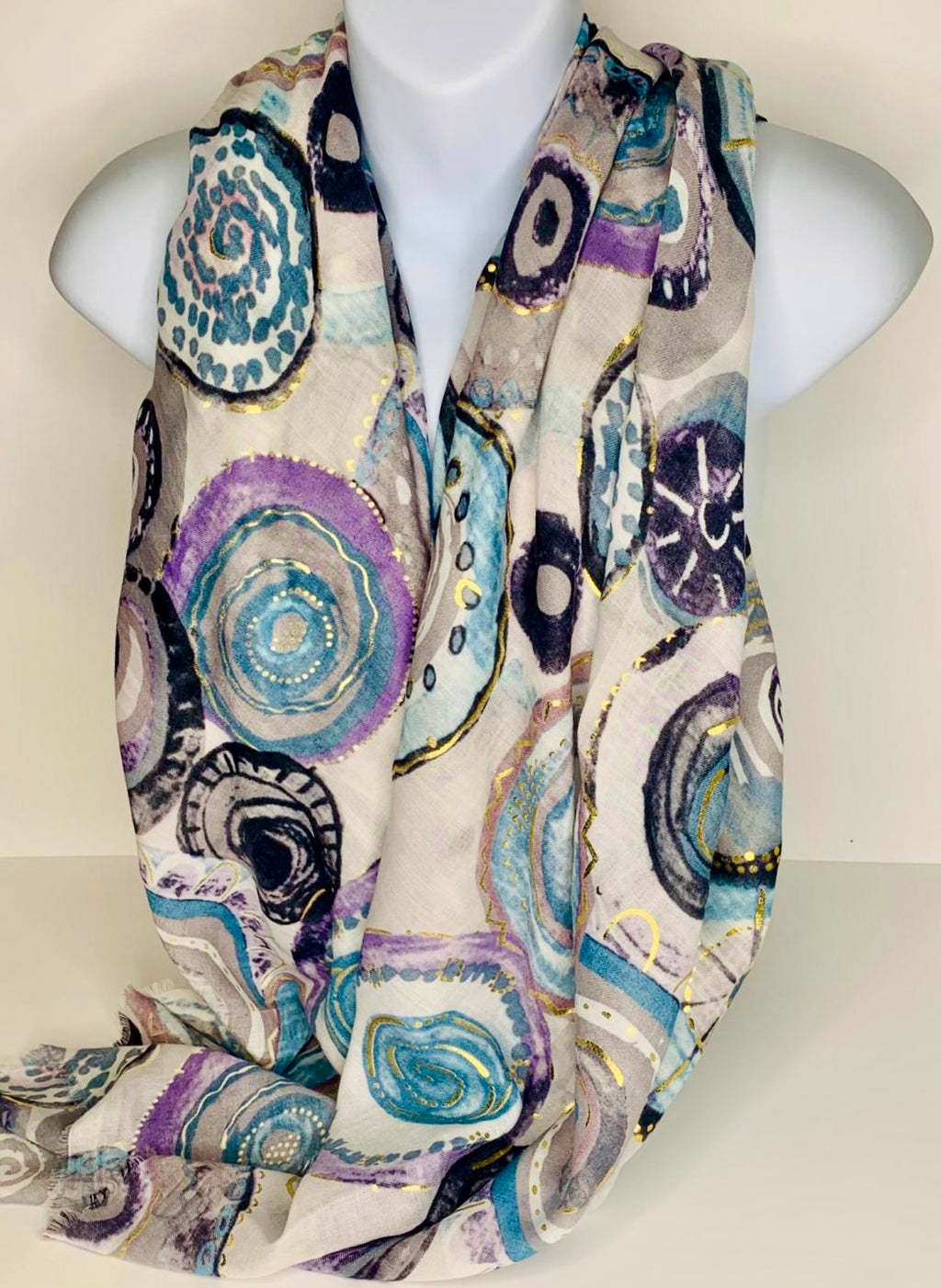 Blue, purple and gold foil circle print scarf