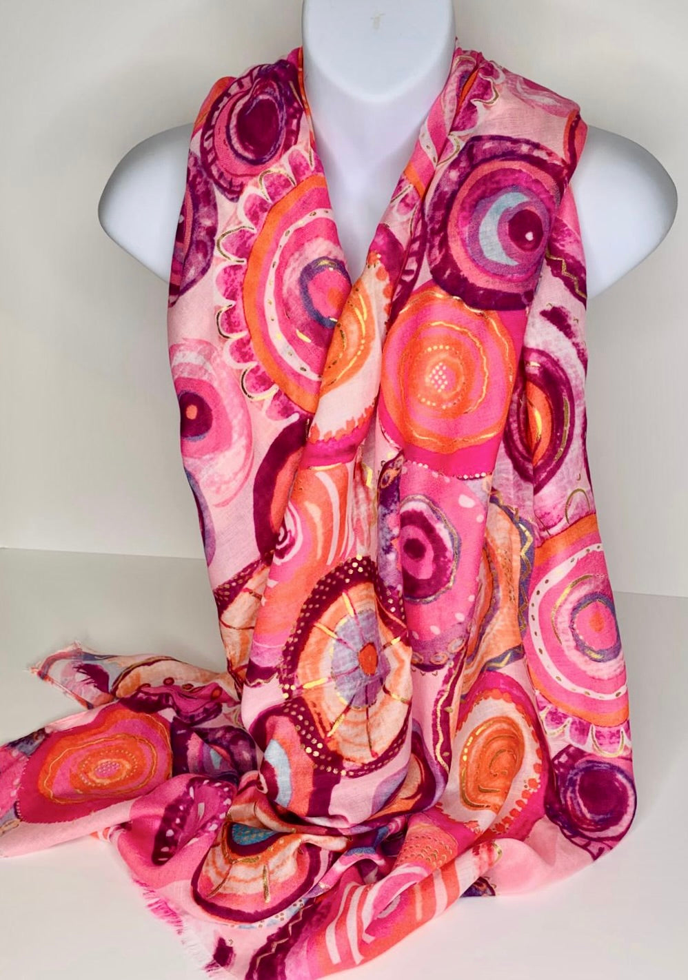 Hot pink and gold foil circle print scarf