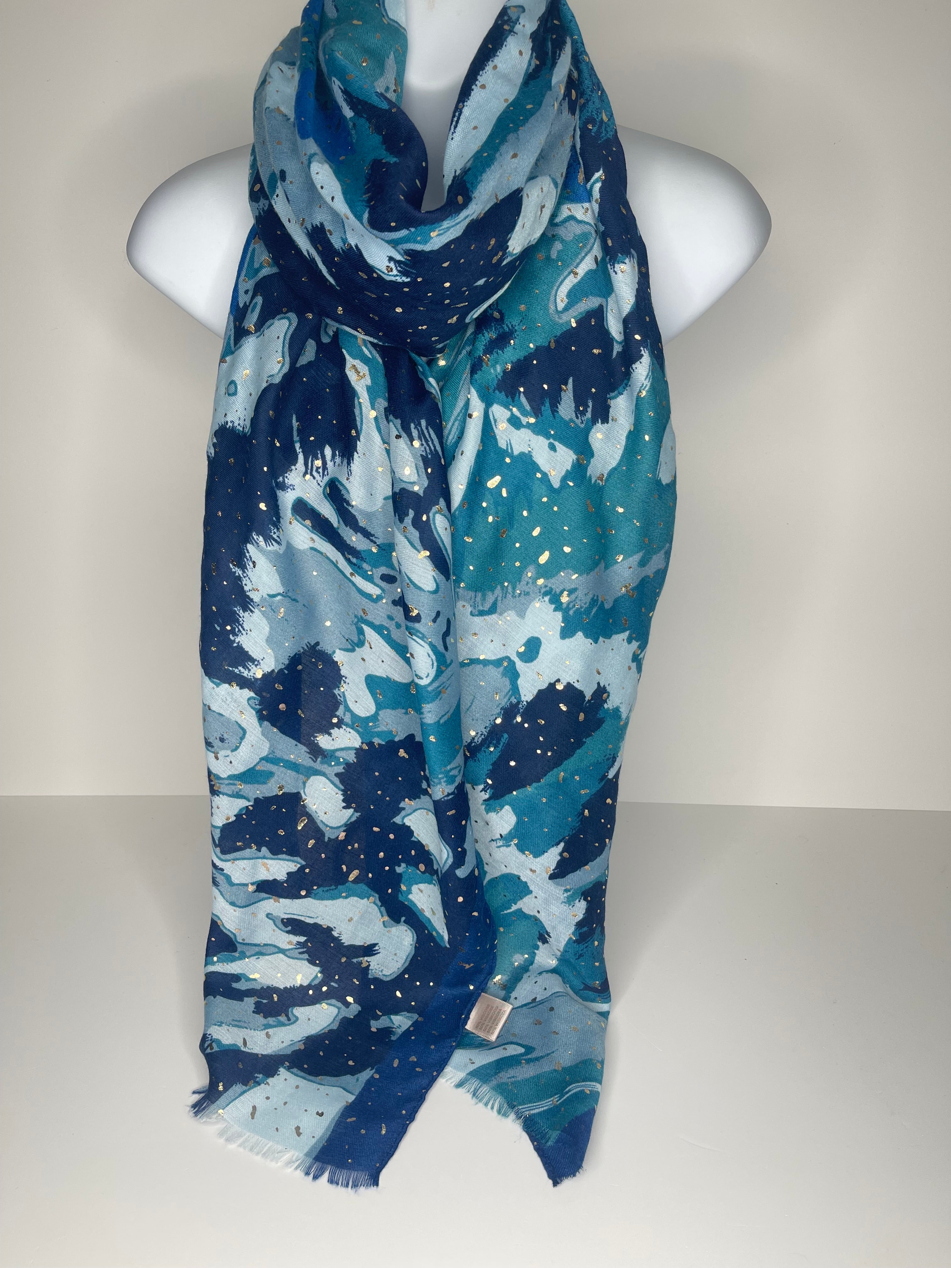 Lighter weight rose glitter paint splash print scarf in shades of blue, aqua, green and baby blue