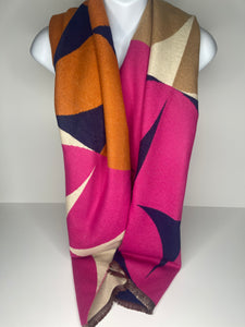 Winter weight abstract print scarf in shades of fuchsia, cream, orange, navy and beige