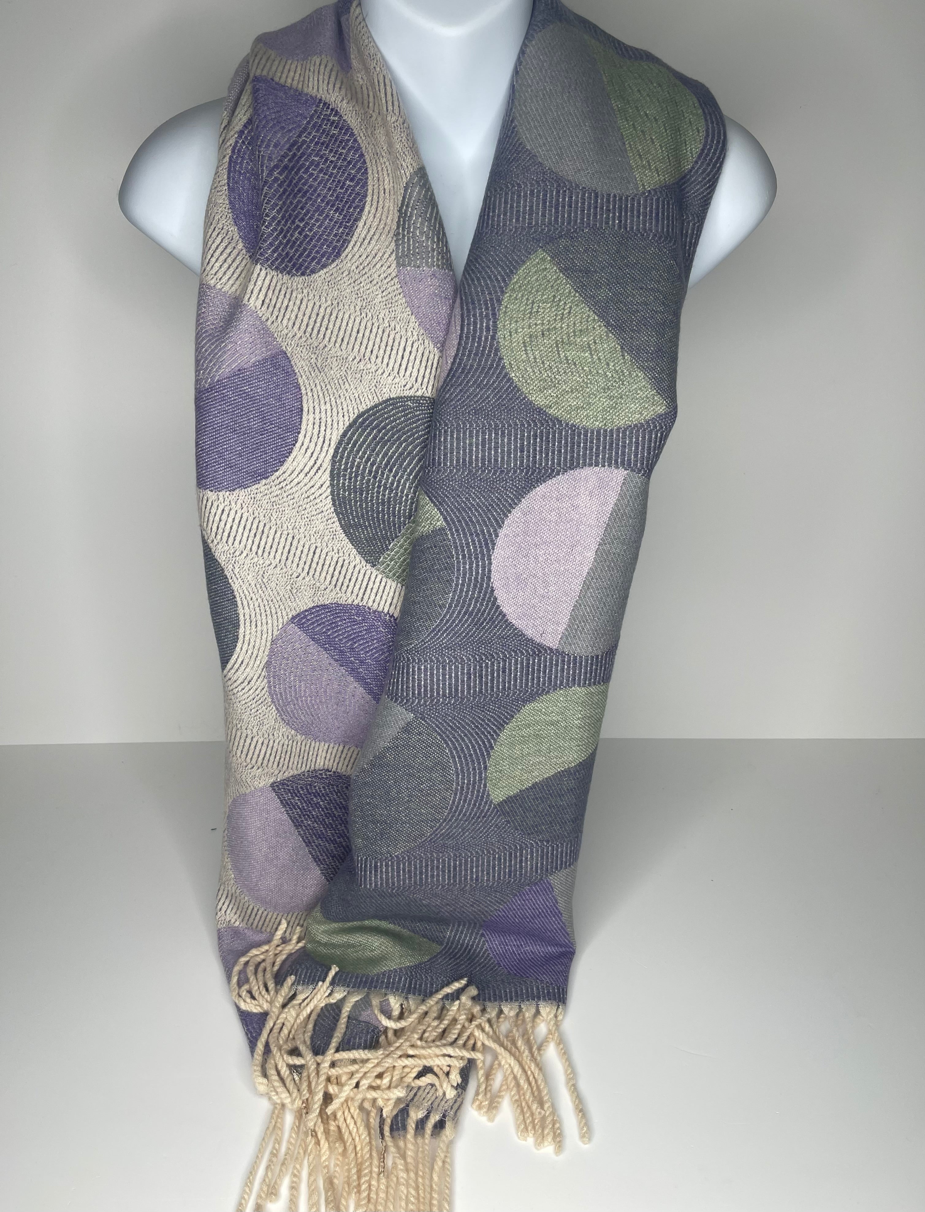 Winter weight, wool-mix, 'marble' print scarf in shades of mauve, winter white, grey and sage green