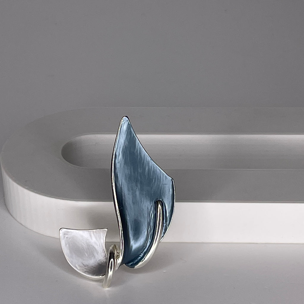 Magnetic brooch & scarf clip  - 'tick' design in shades of shiny silver, grey and denim blue