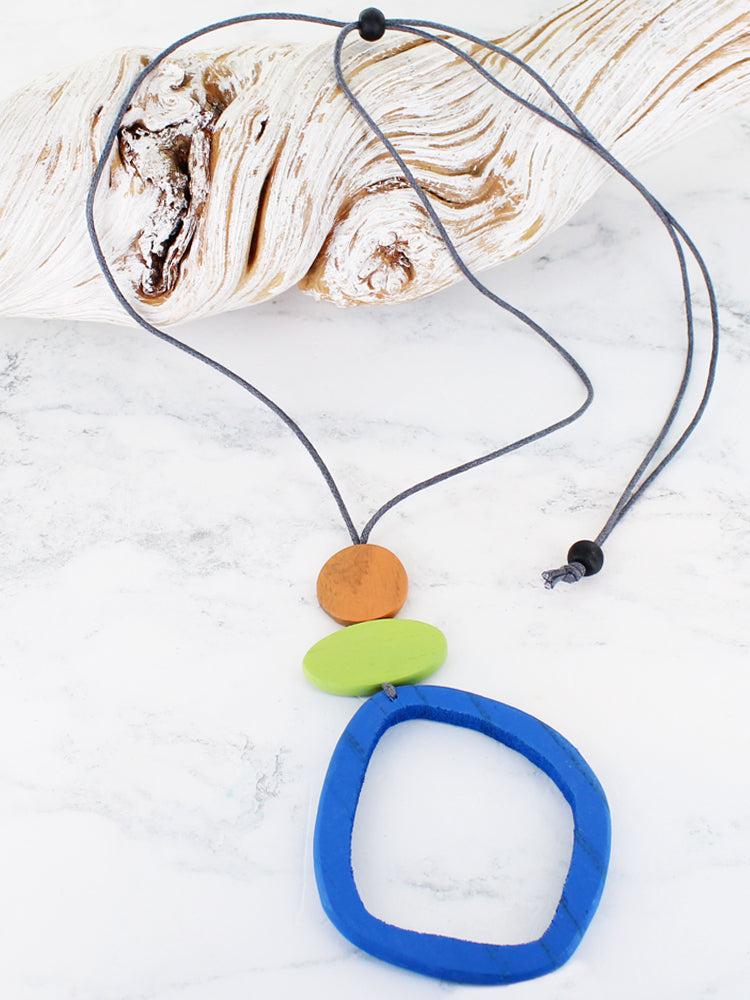Adjustable organic wooden necklace with orange, green and sea blue open circle pendant