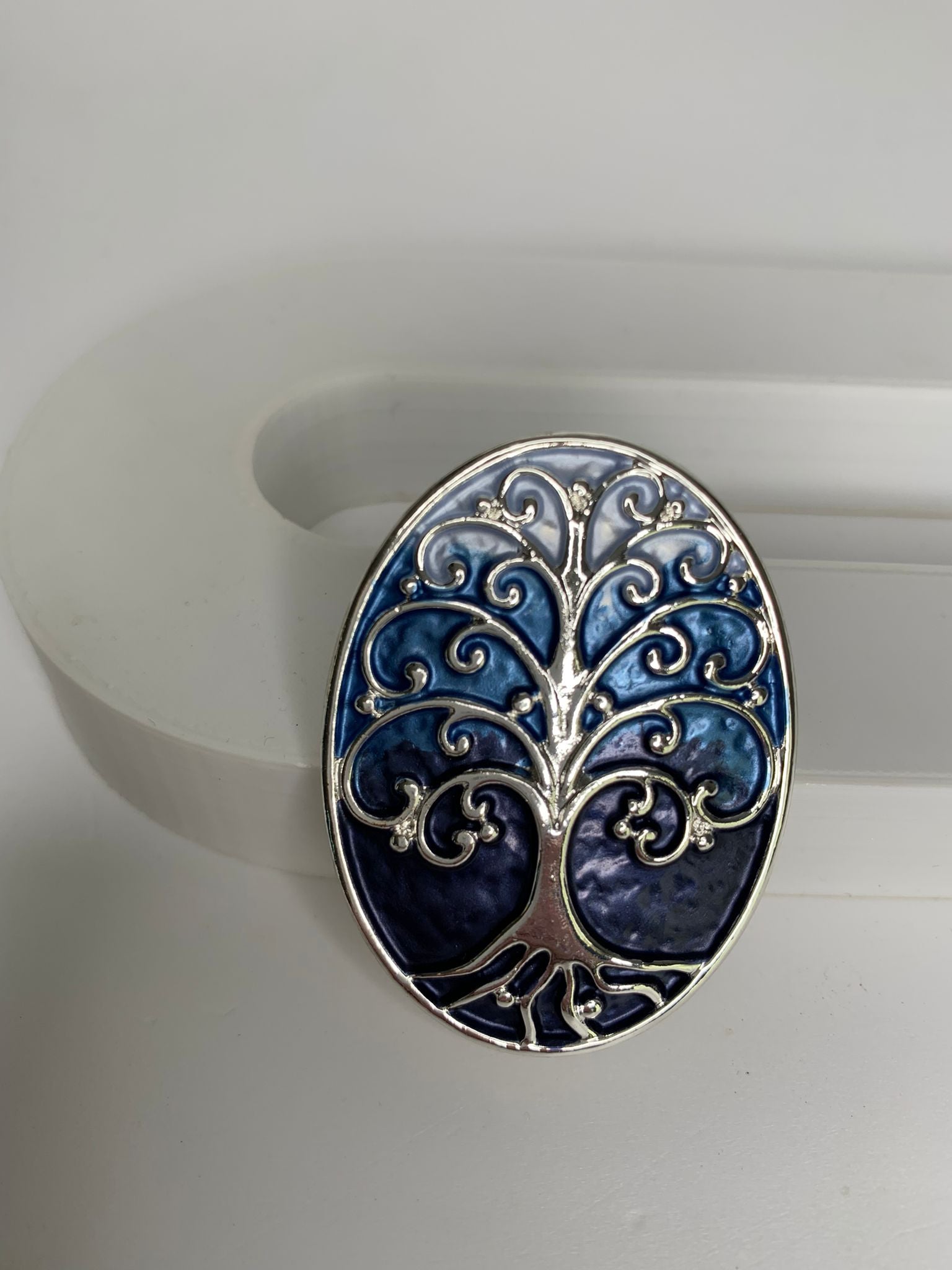 Magnetic brooch & scarf clip  - 'curly tree' design in shades of shiny silver and navy