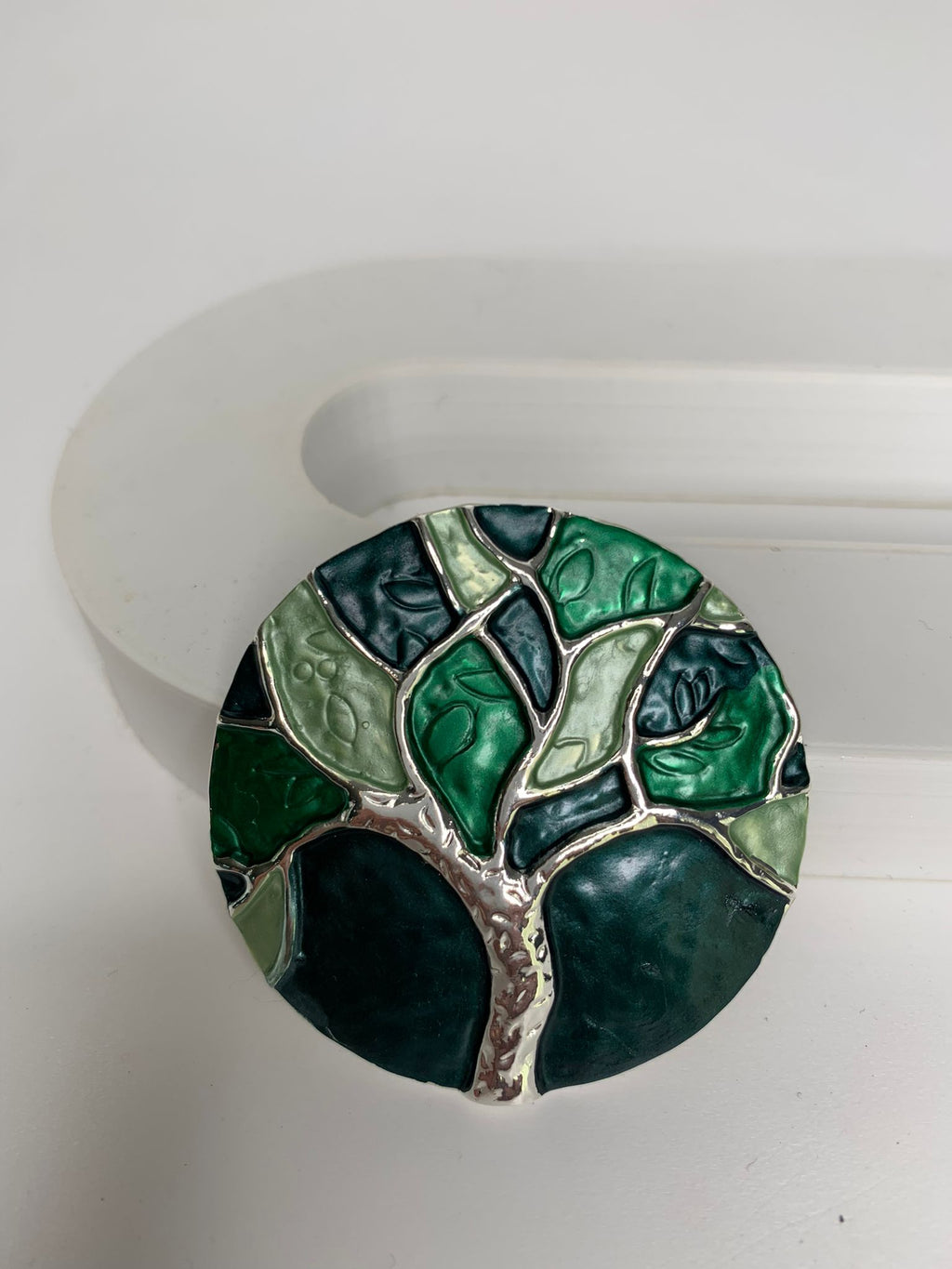 Magnetic brooch & scarf clip  - 'tree of life' design in shades of shiny silver, forest green, emerald green and sage green