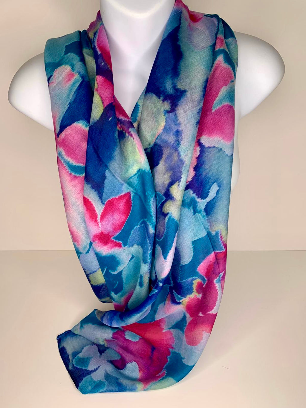 Floral design print scarf in shades of blue, pink and green