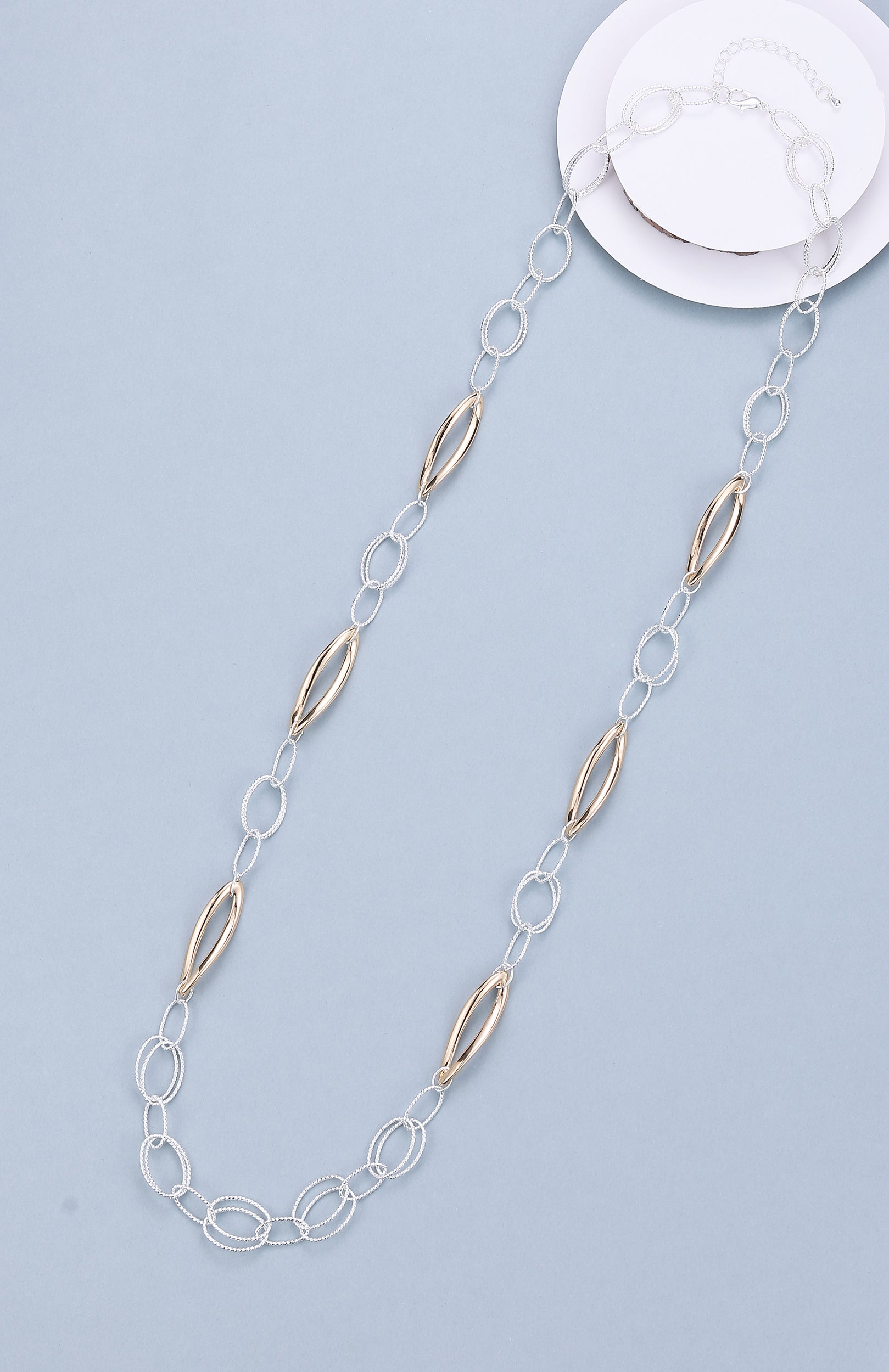 Long necklace, with gold and silver interlinked circles - on a silver chain