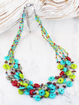 Short necklace, with multi-strand, wooden aqua blue, red, lime green and grey stations - on a silver chain