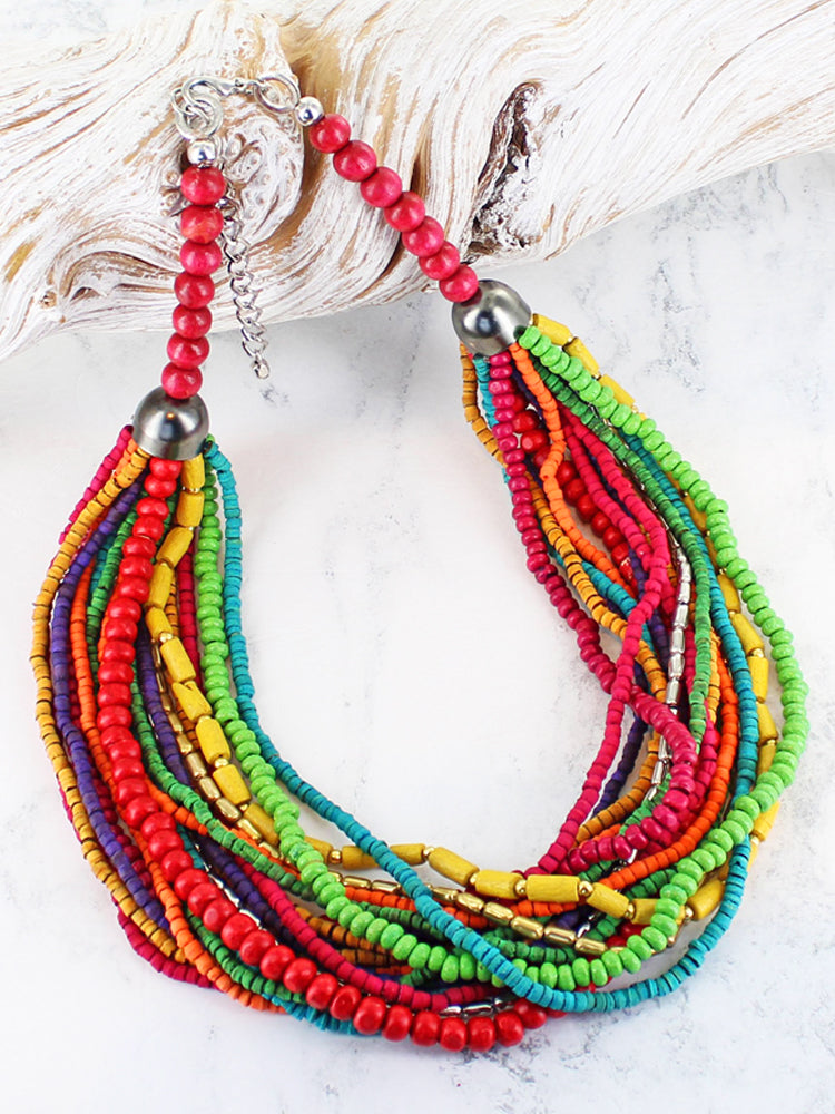 Short necklace, with multi-strand, wooden multi-colour beads - on a silver chain