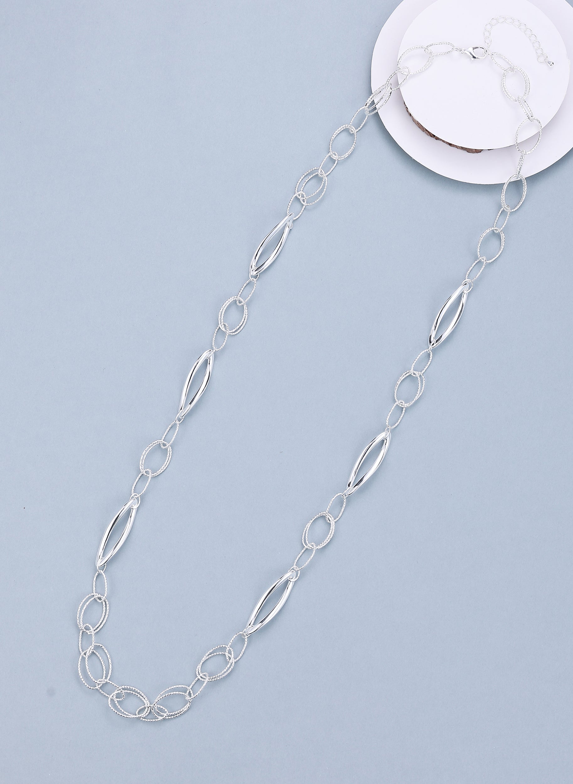Long necklace, with silver interlinked circles - on a silver chain