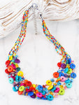 Short necklace, with multi-strand, wooden multi colour stations - on a silver chain