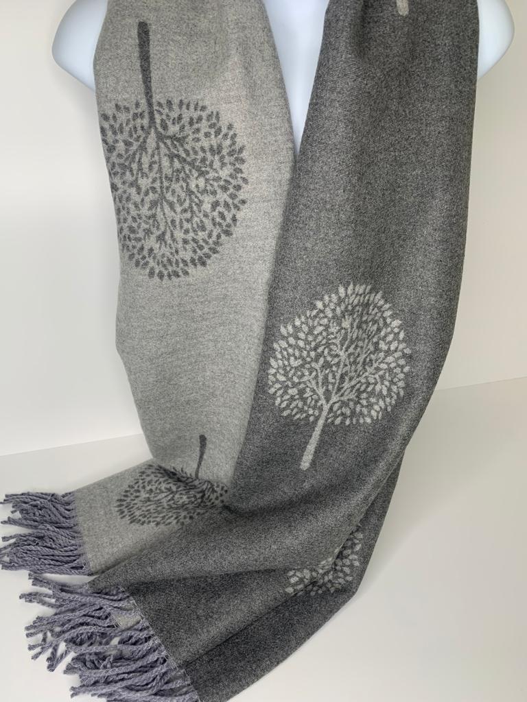 Cashmere-blend, super soft, reversible light grey/dark grey tree of life scarf