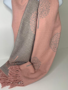 Cashmere-blend, super soft, reversible pink/grey tree of life scarf