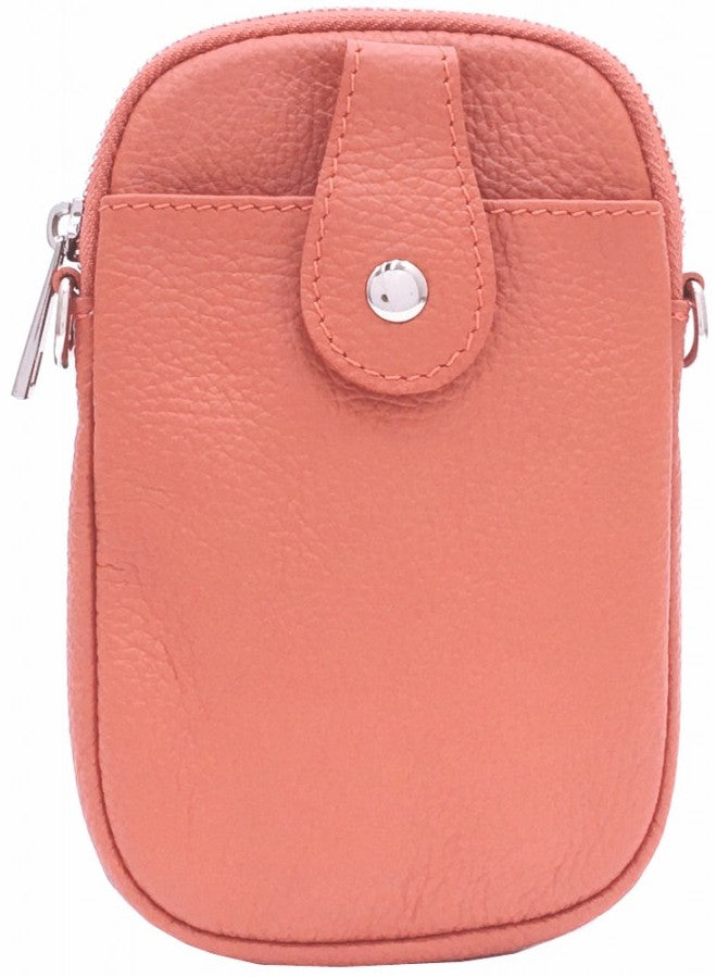 Genuine Italian Leather cross-body phone bag with adjustable strap in coral