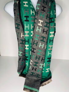 Cashmere mix, reversible, green, grey and cream 'H' design scarf