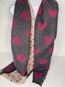 Cashmere mix, reversible, fuchsia, pink and grey 'dot and heart' design scarf