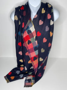 Navy multi colour reversible heart design scarf