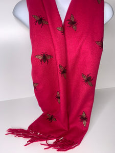 Cashmere-blend, super soft glitter bee scarf in fuchsia pink