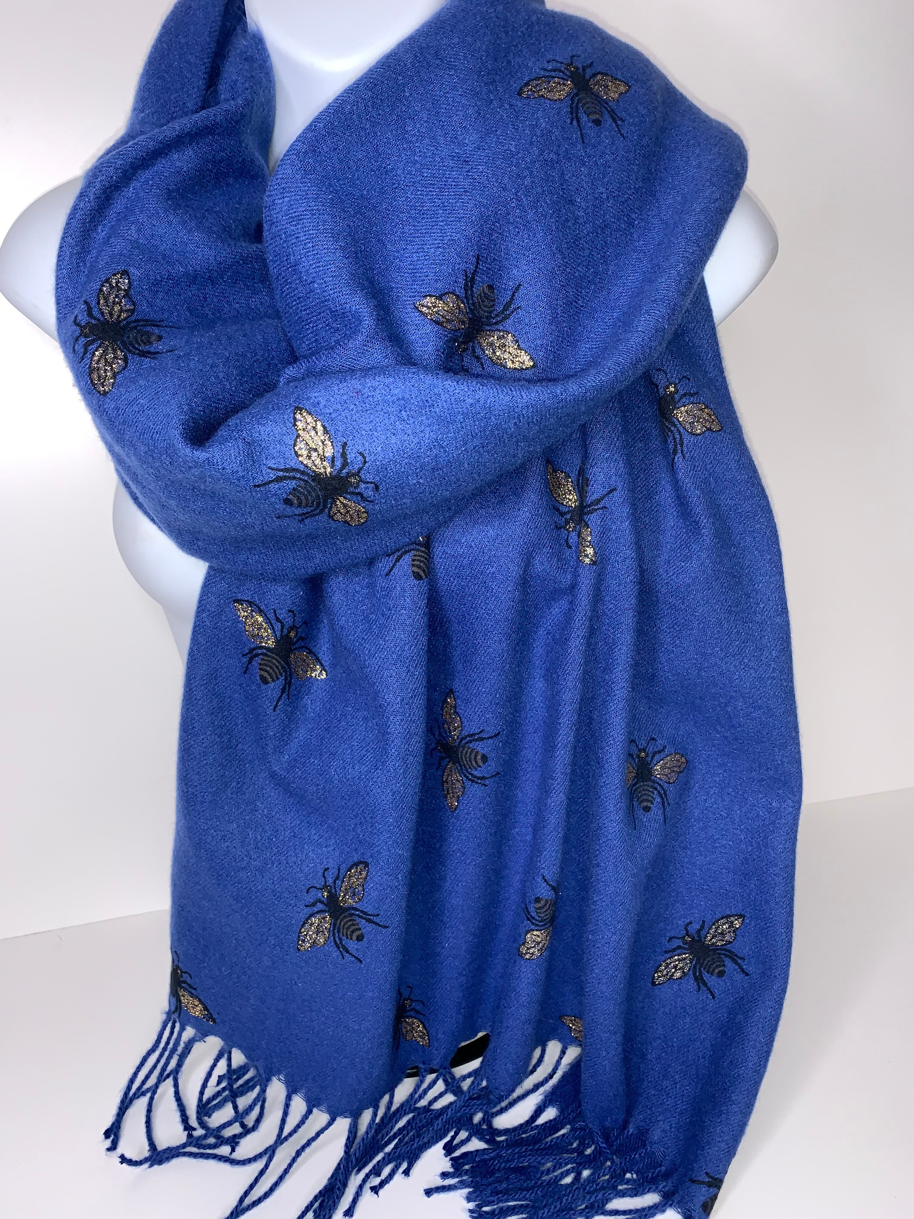 Cashmere-blend, super soft glitter bee scarf in royal blue