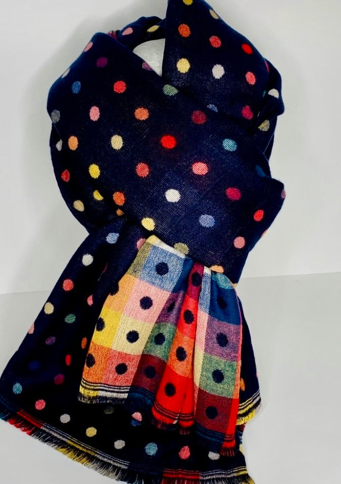 Navy multi colour reversible polka dot design scarf