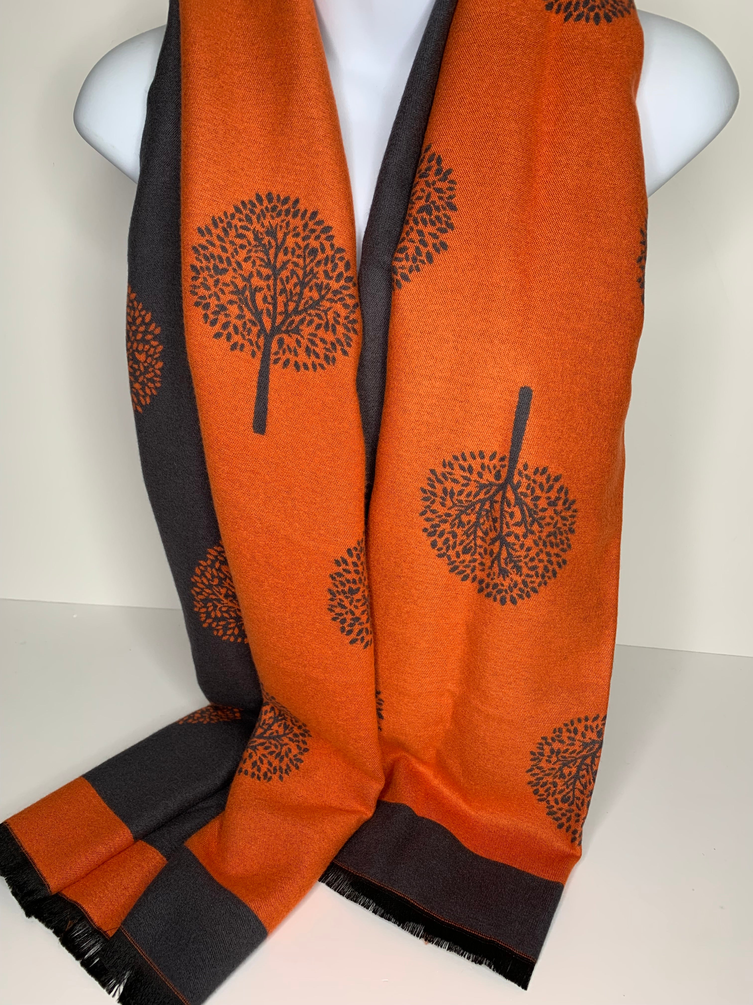 Cashmere-blend, super soft, reversible orange/grey tree of life scarf