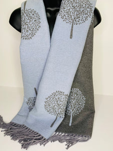Cashmere-blend, super soft, reversible baby blue/grey tree of life scarf