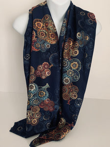 Cashmere feel antique glitter gold print scarf in navy