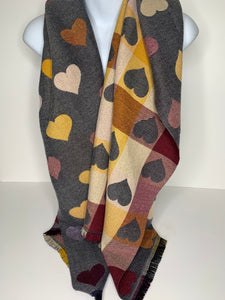 Reversible, cashmere-feel heart and tartan print scarf in grey, mustard and burgundy