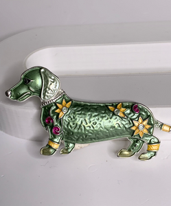 Magnetic brooch & scarf clip - 'sausage dog' design in shades of shiny silver, green, mustard and hints of dark red