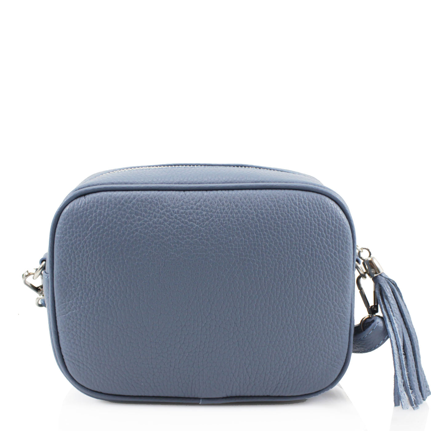 Genuine Italian Leather cross-body bag with tassel detail in airforce blue