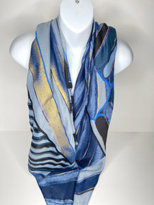 Denim blue, navy, black and gold print scarf