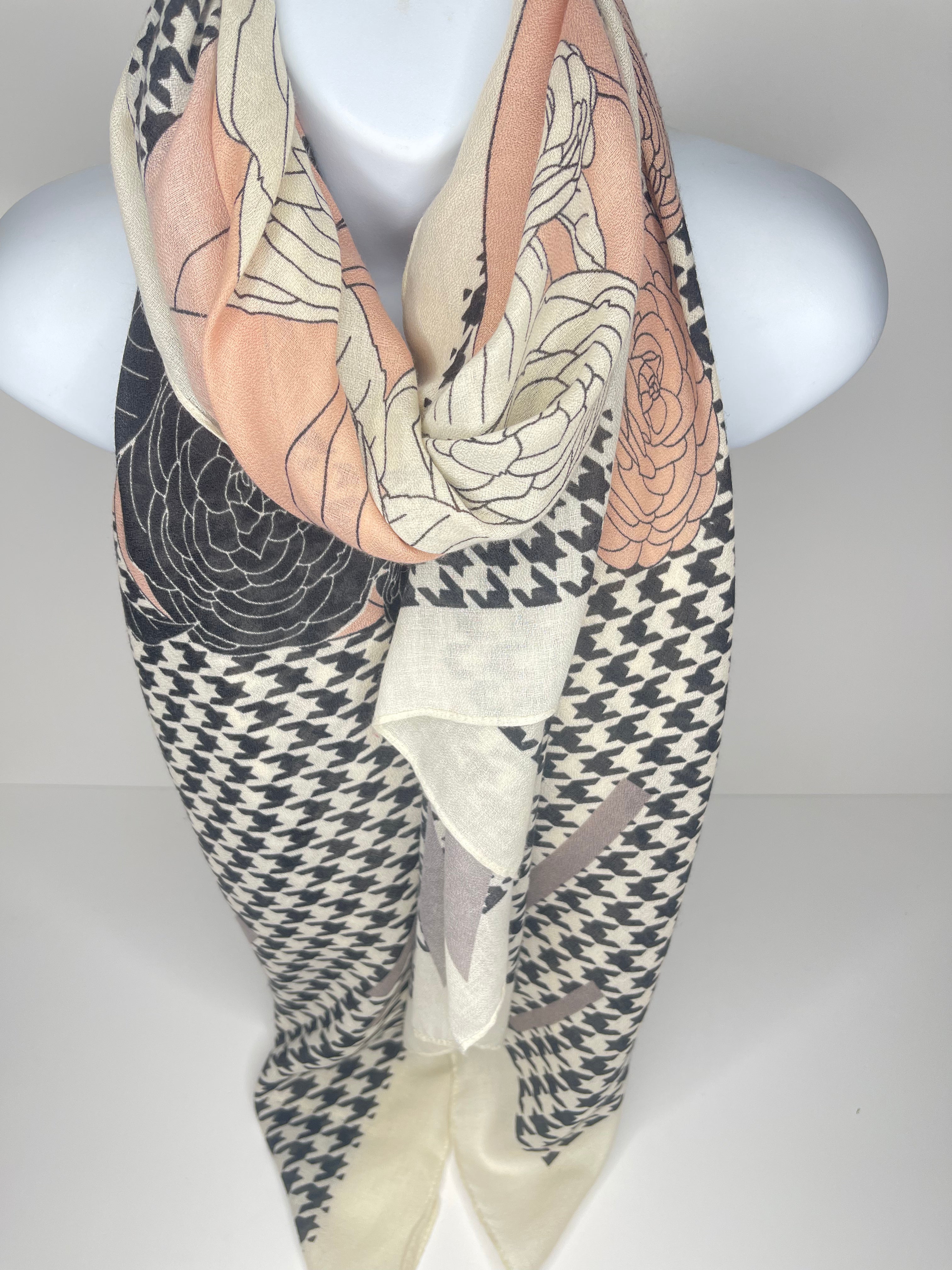 Peach, cream and black hounds-tooth print scarf