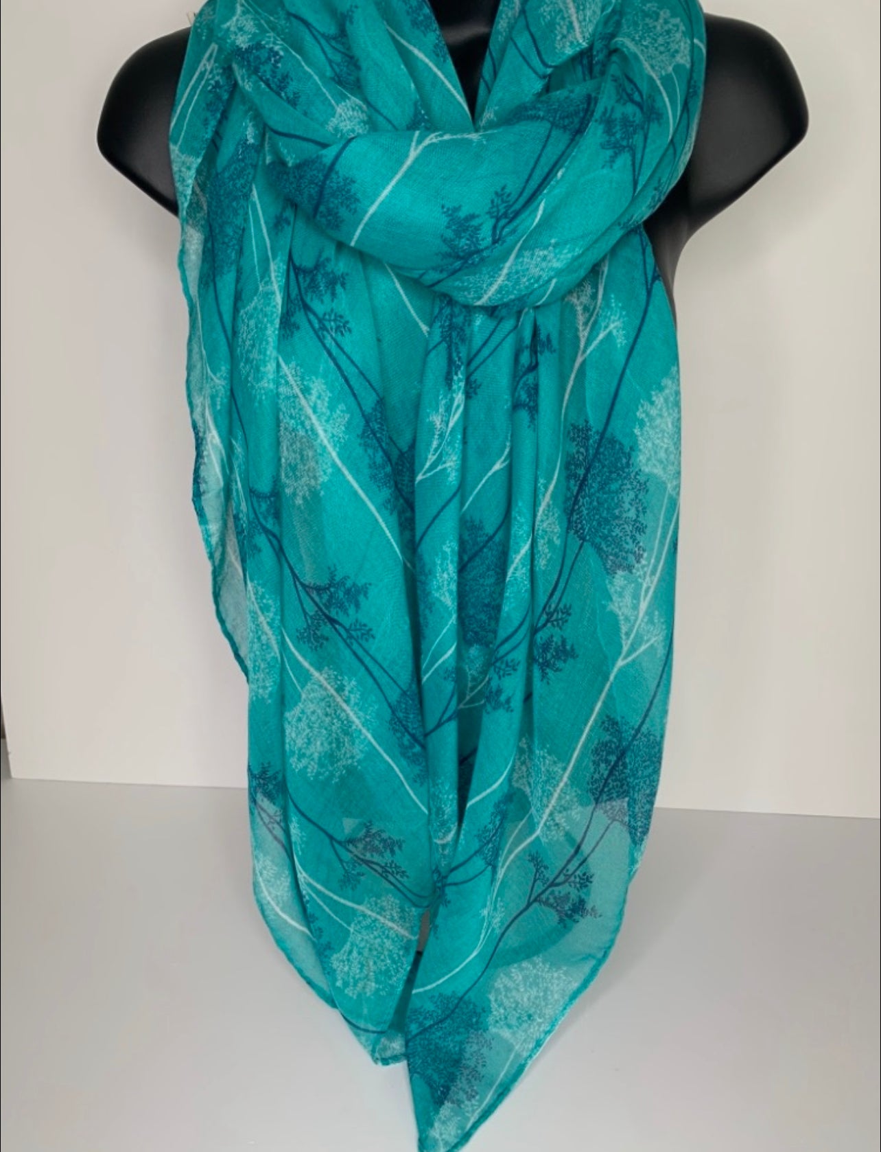 Aqua, white and navy ‘forest’ print scarf