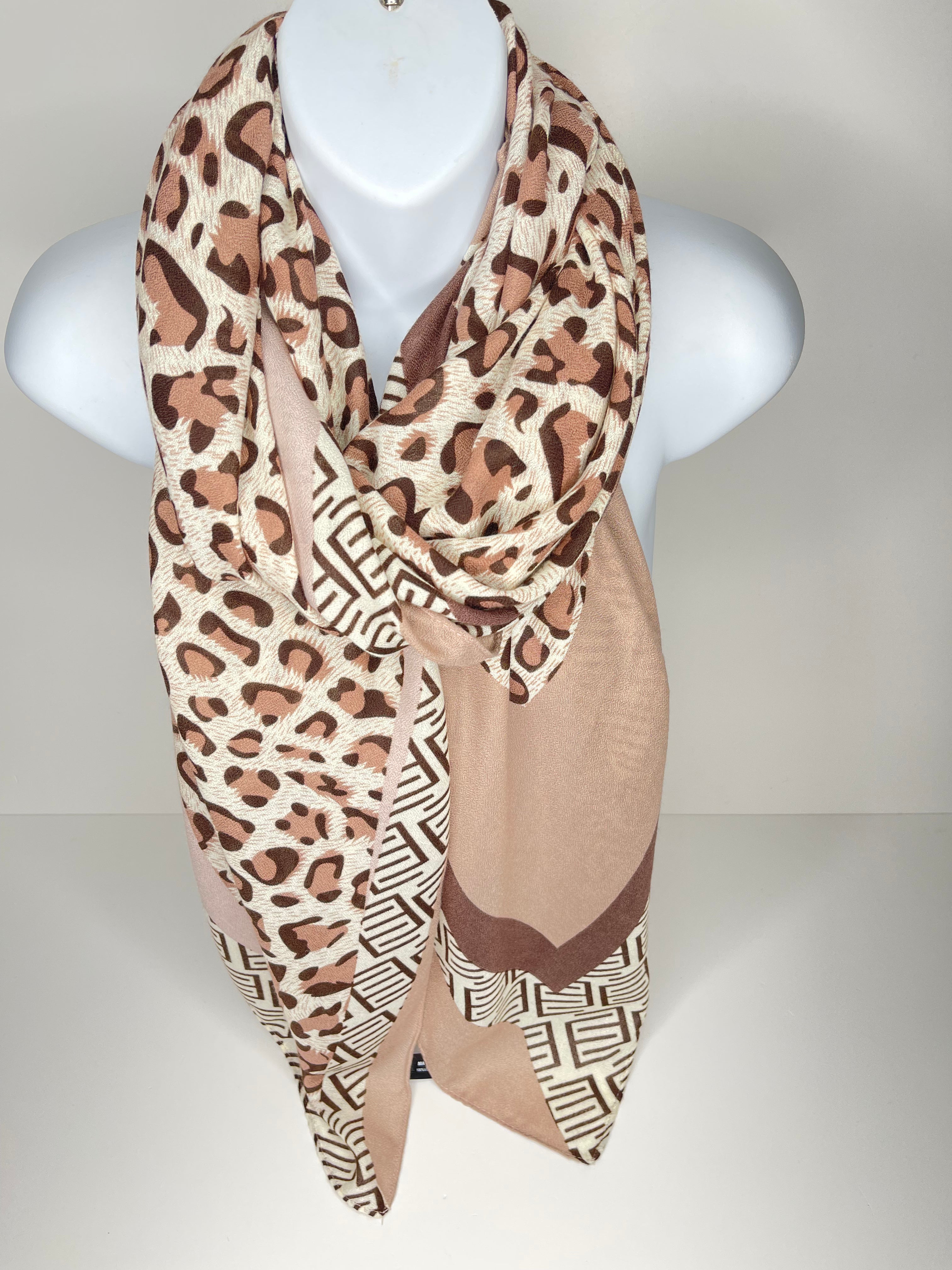 White, brown and beige leopard print scarf