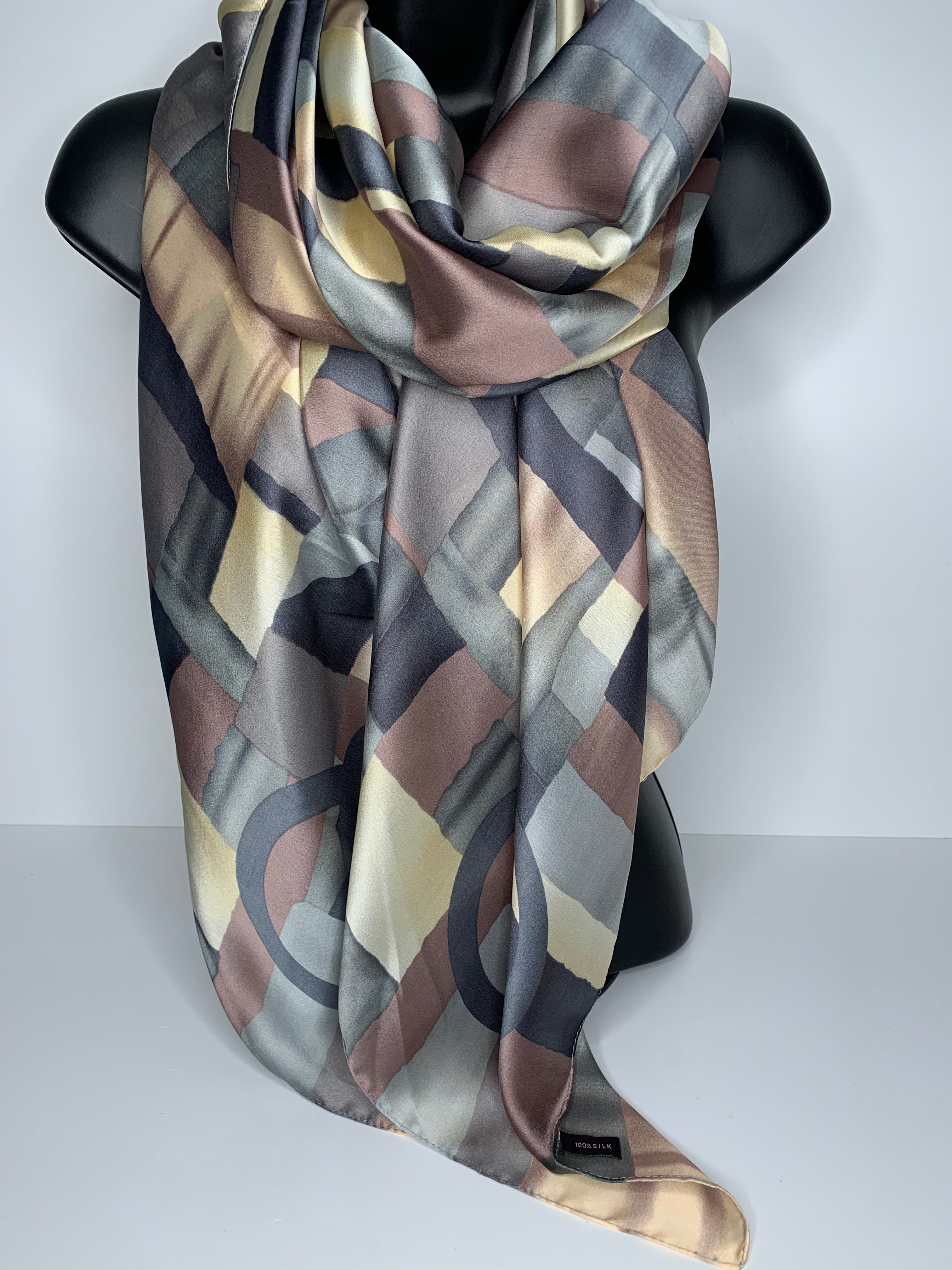 100% Silk luxurious scarf in shades of cream, grey and champagne