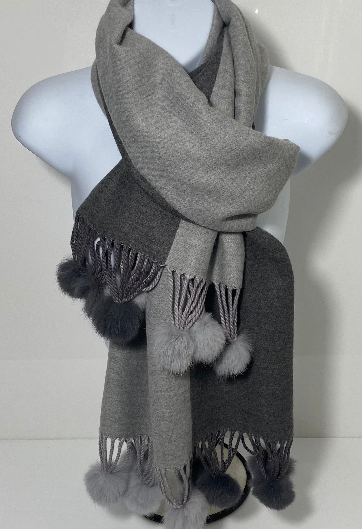 60% Cashmere mix, super soft pompom scarf in light grey and dark grey