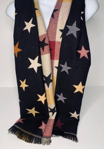 Reversible, cashmere-feel star and tartan print scarf in black, mustard and burgundy