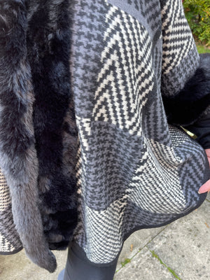 Luxurious & super soft faux fur checkerboard poncho/cape