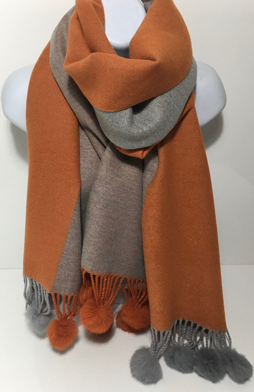 60% Cashmere mix, super soft pompom scarf in orange and grey