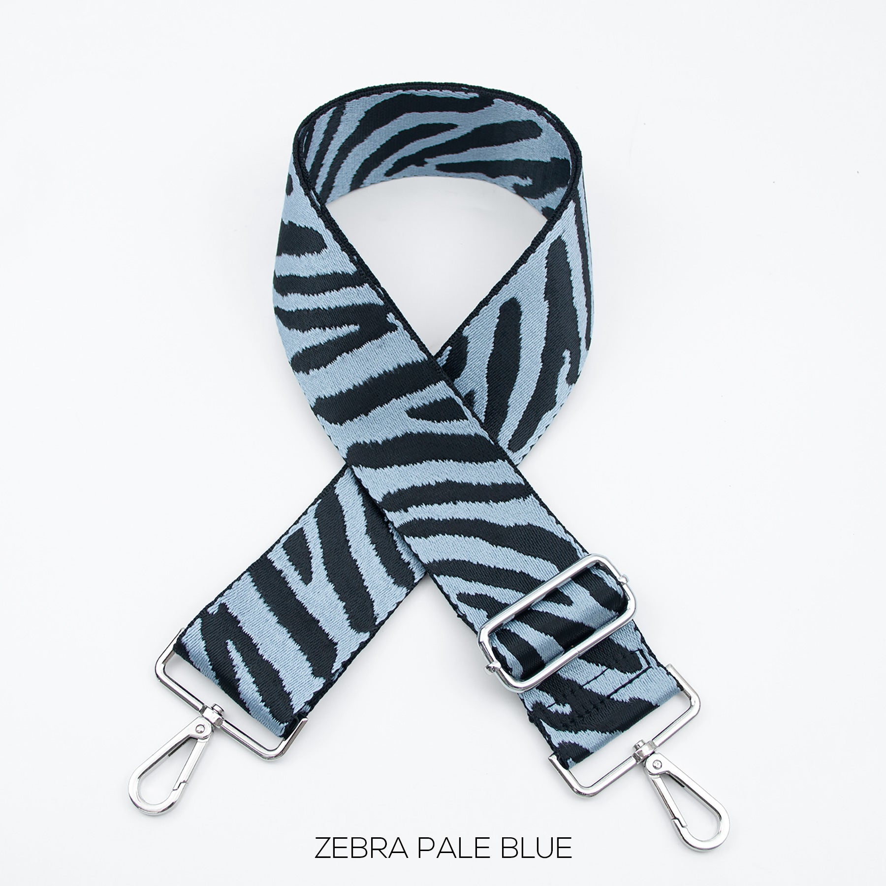 Fully adjustable, zebra print pale blue handbag shoulder strap